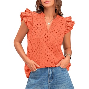 BTFBM Eyelet Tops for Women Dressy Casual Embroidered Shirt(Orange)
