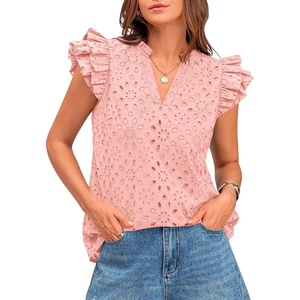 BTFBM Eyelet Tops for Women Dressy Casual Embroidered Shirt(Pink)