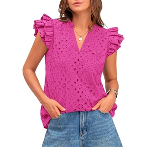 BTFBM Eyelet Tops for Women Dressy Casual Embroidered Shirt(Rose Red)