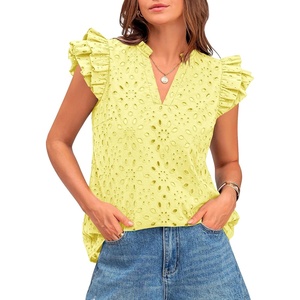 BTFBM Eyelet Tops for Women Dressy Casual Embroidered Shirt(Yellow)