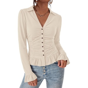 BTFBM Fitted Button Down Shirts for Women Dressy Casual Tops(Apricot)