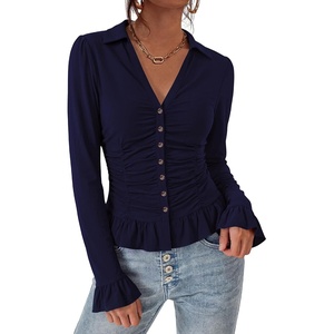BTFBM Fitted Button Down Shirts for Women Dressy Casual Tops(Navy Blue)