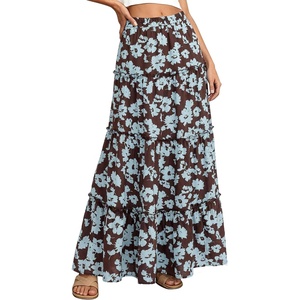 BTFBM Floral Maxi Skirts for Women Summer Spring 2026 Elastic Waist Tiered Flowy Beach Vacation Outfits Boho Long Skirt(Floral Brown Light Blue)