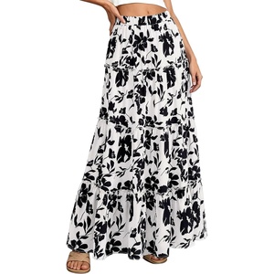 BTFBM Floral Maxi Skirts for Women Summer Spring 2026 Elastic Waist Tiered Flowy Beach Vacation Outfits Boho Long Skirt(Floral White Black)
