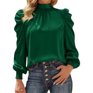 BTFBM High Neck Long Sleeve Satin Blouses for Women Dressy(Dark Green)