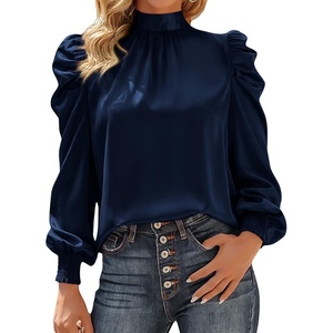 BTFBM High Neck Long Sleeve Satin Blouses for Women Dressy(Navy)