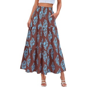 BTFBM Maxi Skirts for Women Summer Outfits Elastic High Waist A Line Boho Beach Vacation Cruise Floral Long Skirt 2026(Brown Light Blue Flower)