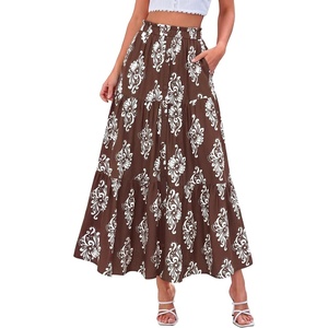 BTFBM Maxi Skirts for Women Summer Outfits Elastic High Waist A Line Boho Beach Vacation Cruise Floral Long Skirt 2026(Brown White Flower)
