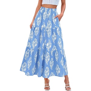BTFBM Maxi Skirts for Women Summer Outfits Elastic High Waist A Line Boho Beach Vacation Cruise Floral Long Skirt 2026(Light Blue White Flower)