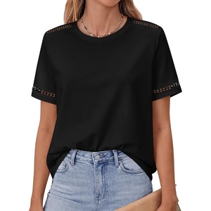 BTFBM Short Sleeve Shirts for Women 2026 Lace Summer Tops Spring Casual Loose Crew Neck T-Shirt Cute Vacation Outfits(Black)