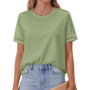 BTFBM Short Sleeve Shirts for Women 2026 Lace Summer Tops Spring Casual Loose Crew Neck T-Shirt Cute Vacation Outfits(Light Green)