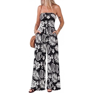 BTFBM Strapless Jumpsuits For Women Floral Rompers(Floral Black White)