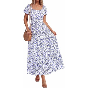 BTFBM Summer Dress for Women 2026 Spring Floral Short Sleeve Casual Flowy A-Line Smocked Tiered Maxi Dresses Pockets(Floral White Blue)