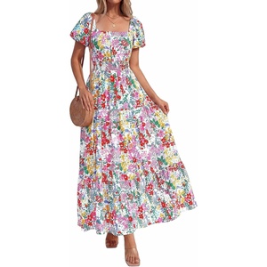 BTFBM Summer Dress for Women 2026 Spring Floral Short Sleeve Casual Flowy A-Line Smocked Tiered Maxi Dresses Pockets(Floral White Multicolor)