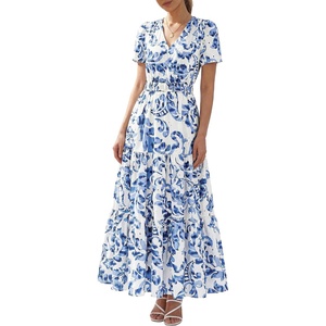 BTFBM Summer Dresses for Women 2026 Boho Maxi Dress Eyelet Floral Sundress(Floral White Blue)