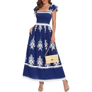 BTFBM Summer Dresses for Women 2026 Casual Floral Boho Sleeveless Square Neck A Line Flowy Beach Maxi Sundress Pockets(Dark Blue)