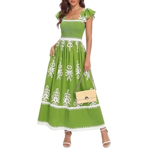 BTFBM Summer Dresses for Women 2026 Casual Floral Boho Sleeveless Square Neck A Line Flowy Beach Maxi Sundress Pockets(Green)