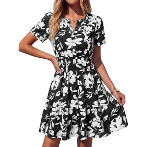 BTFBM Summer Dresses for Women 2026 Casual Short Sleeve Floral Mini Dress(Black White Flower)