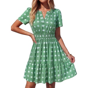 BTFBM Summer Dresses for Women 2026 Casual Short Sleeve Floral Mini Dress(Green)