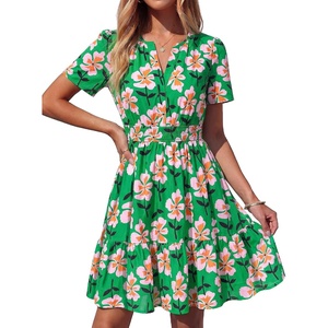 BTFBM Summer Dresses for Women 2026 Casual Short Sleeve Floral Mini Dress(Green Pink Flower)