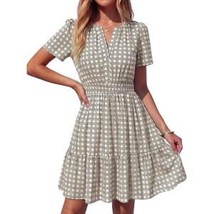 BTFBM Summer Dresses for Women 2026 Casual Short Sleeve Floral Mini Dress(Light Khaki)
