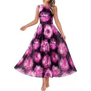 BTFBM Summer Dresses for Women 2026 Floral Maxi Dress Sleeveless Mesh Flowy Spring Wedding Guest Dress Long Sundresses(Black Flower)