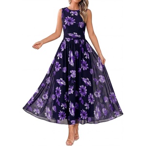 BTFBM Summer Dresses for Women 2026 Floral Maxi Dress Sleeveless Mesh Flowy Spring Wedding Guest Dress Long Sundresses(Black Purple Flower)