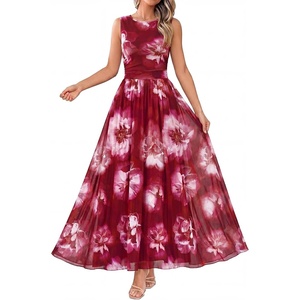 BTFBM Summer Dresses for Women 2026 Floral Maxi Dress Sleeveless Mesh Flowy Spring Wedding Guest Dress Long Sundresses(Wine Red Flower)