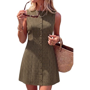 BTFBM Summer Dresses for Women 2026 Plaid Sleeveless Zip Up A Line Mini Dress Business Casual Vacation Gingham Sundress(Brown)