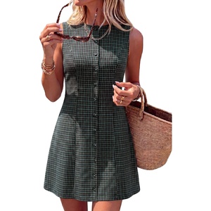 BTFBM Summer Dresses for Women 2026 Plaid Sleeveless Zip Up A Line Mini Dress Business Casual Vacation Gingham Sundress(Dusty Blue)