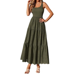 BTFBM Summer Eyelet Dress for Women Sundresses Casual Boho Sleeveless A Line Flowy 2026 Spring Outfits Midi Dresses(Army Green)