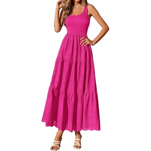 BTFBM Summer Eyelet Dress for Women Sundresses Casual Boho Sleeveless A Line Flowy 2026 Spring Outfits Midi Dresses(Hot Pink)