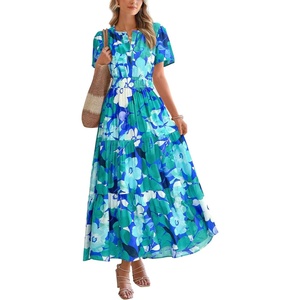 BTFBM Summer Maxi Dresses for Women 2026 Floral V Neck Short Sleeve Dress(Floral Blue Green)