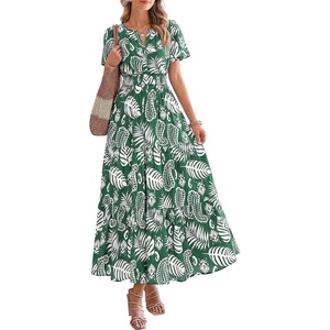 BTFBM Summer Maxi Dresses for Women 2026 Floral V Neck Short Sleeve Dress(Floral Green White)