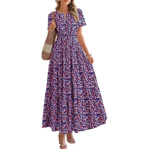 BTFBM Summer Maxi Dresses for Women 2026 Floral V Neck Short Sleeve Dress(Floral Red Blue)