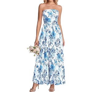 BTFBM Summer Maxi Dresses for Women 2026 Strapless Tube Top Floral Spring Wedding Guest Dress Beach Vacation Outfits(White Blue Flower)