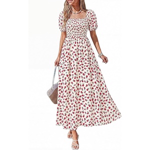 BTFBM Summer Maxi Dresses for Women Wedding Guest Spring Floral Boho Short Sleeve Smocked Beach Graduation Dress 2026(Floral Apricot Rose Red)