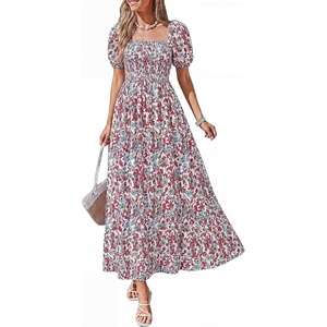 BTFBM Summer Maxi Dresses for Women Wedding Guest Spring Floral Boho Short Sleeve Smocked Beach Graduation Dress 2026(Floral Beige Multi)