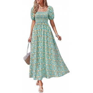 BTFBM Summer Maxi Dresses for Women Wedding Guest Spring Floral Boho Short Sleeve Smocked Beach Graduation Dress 2026(Light Green Flower)
