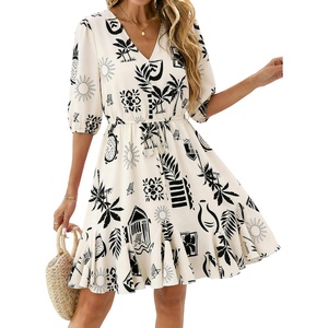 BTFBM Summer Mini Floral Dress for Women Beach Vacation(Floral Apricot Black)