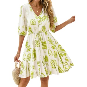 BTFBM Summer Mini Floral Dress for Women Beach Vacation(Floral Apricot Green)