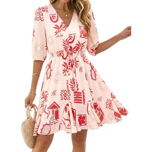 BTFBM Summer Mini Floral Dress for Women Beach Vacation(Floral Apricot Red)