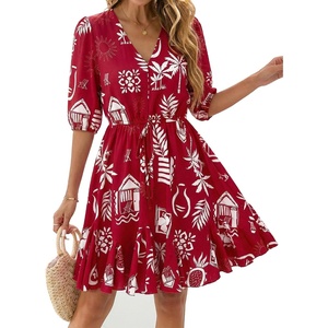 BTFBM Summer Mini Floral Dress for Women Beach Vacation(Floral Burgundy White)
