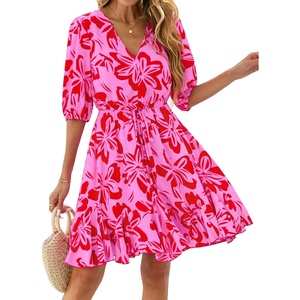 BTFBM Summer Mini Floral Dress for Women Beach Vacation(Floral Pink Red)