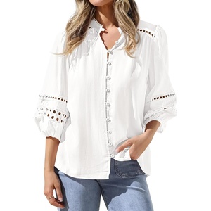BTFBM Summer Tops for Women 2026 Eyelet Top 3/4 Length Sleeve Dressy Casual Blouses Spring Boho Button Down Shirts(White)