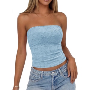 BTFBM Tube Tops for Women Floral Embroidery Summer Crop Top(Light Blue)