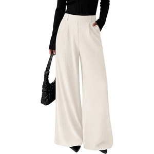BTFBM Wide Leg Pants Woman Ribbed Business Casual Trousers(White)