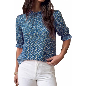 BTFBM Women Blouses High Neck Boho Floral Tops(Floral Blue)