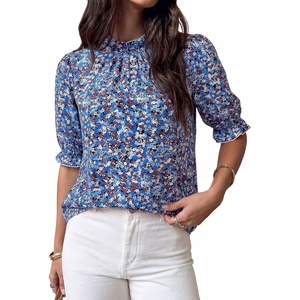 BTFBM Women Blouses High Neck Boho Floral Tops(Floral Blue White)