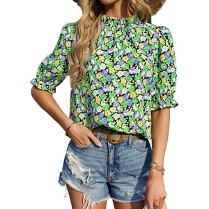 BTFBM Women Blouses High Neck Boho Floral Tops(Floral Green Black)
